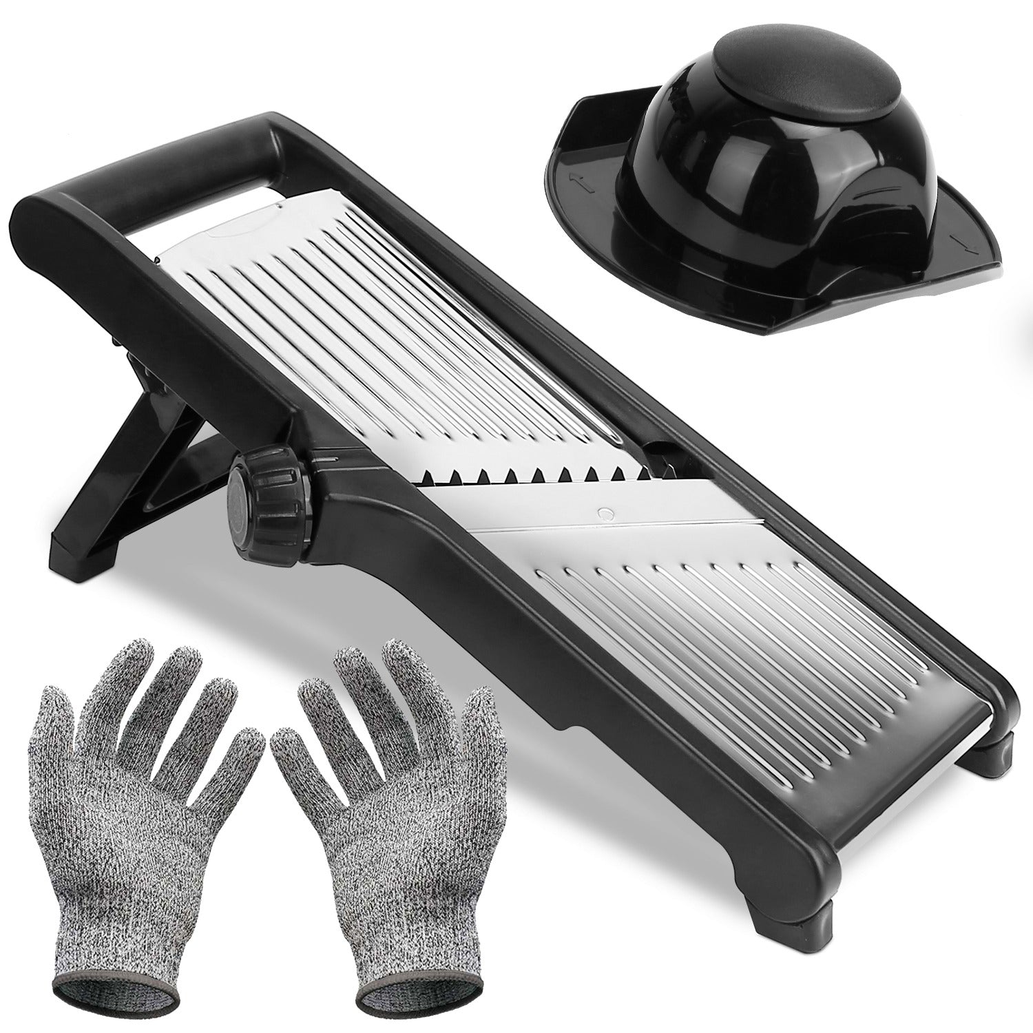 Stainless steel mandoline slicer with food holder for vegetables