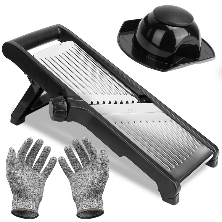 Stainless steel mandoline slicer with food holder for vegetables