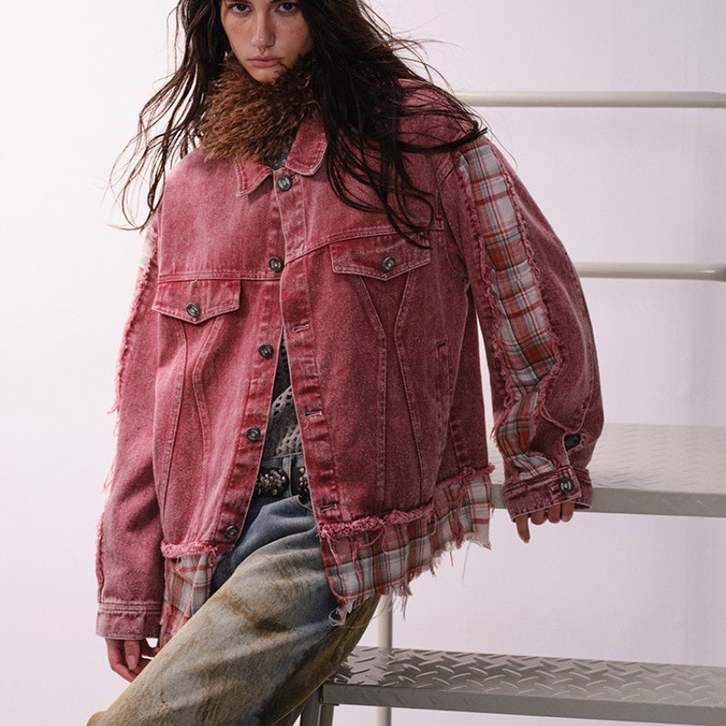 Retro Irregular Patchwork Stripes Raw Edge Denim Jacket - Robbe Digi.com