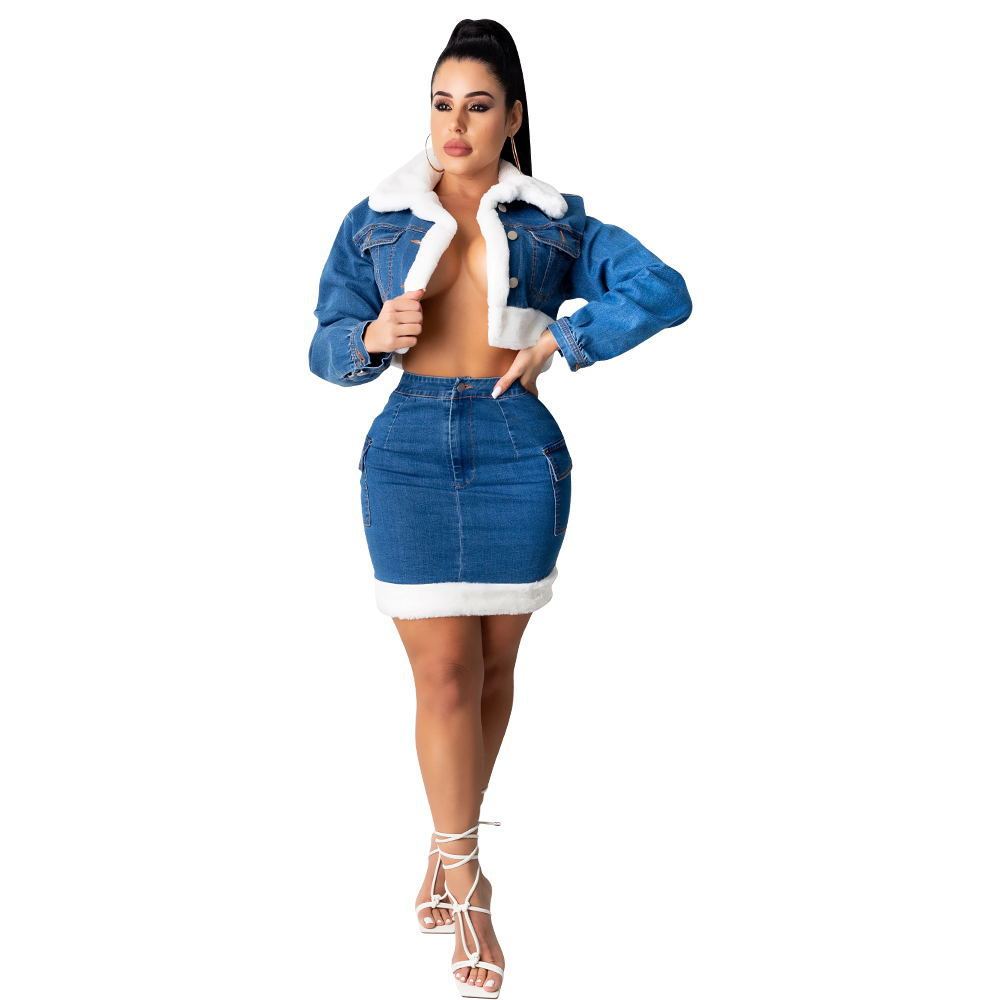 Denim Skirt Plush Denim Two-piece Suit - Robbe Digi.com