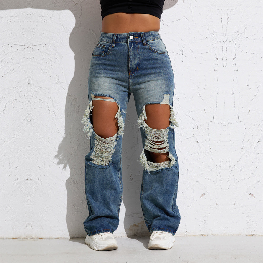 Shascullfites Melody Blue Wash Ripped Retro Stright Leg Jeans Women's Pants Denim Pants Jeans Wide Streetwear - Robbe Digi.com