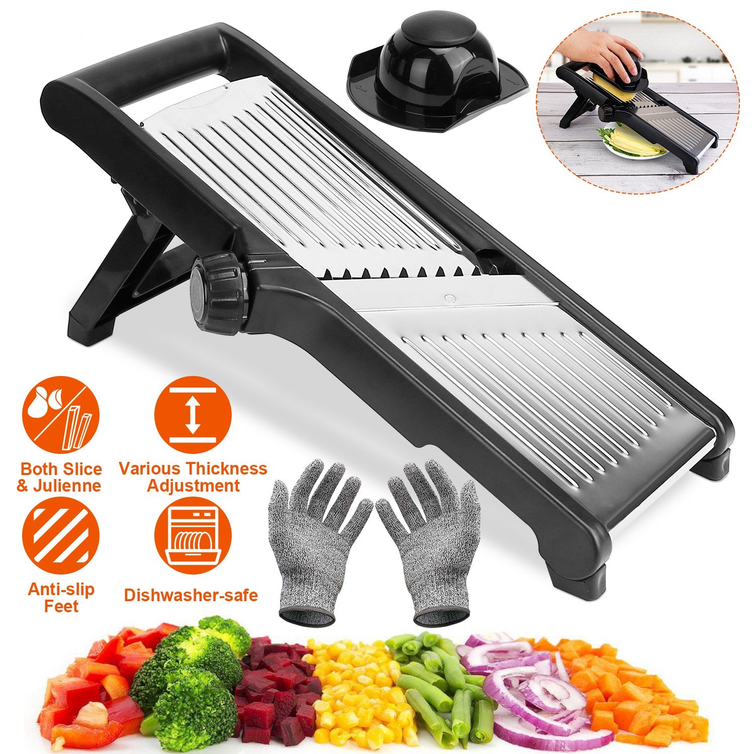 Stainless steel mandoline slicer with food holder for vegetables