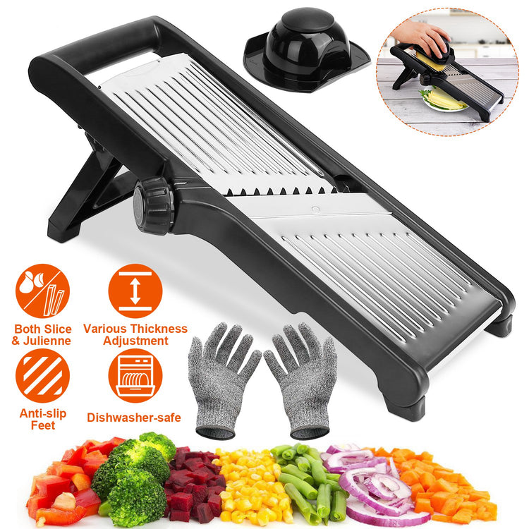 Stainless steel mandoline slicer with food holder for vegetables