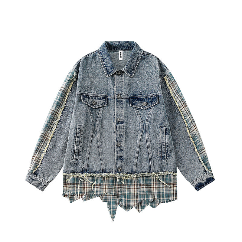 Retro Irregular Patchwork Stripes Raw Edge Denim Jacket - Robbe Digi.com