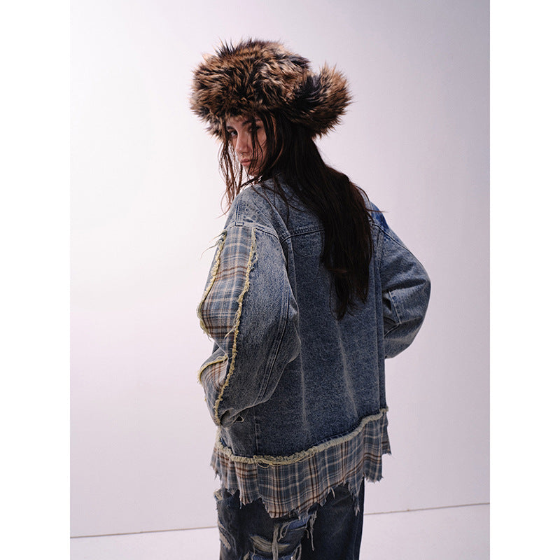 Retro Irregular Patchwork Stripes Raw Edge Denim Jacket - Robbe Digi.com