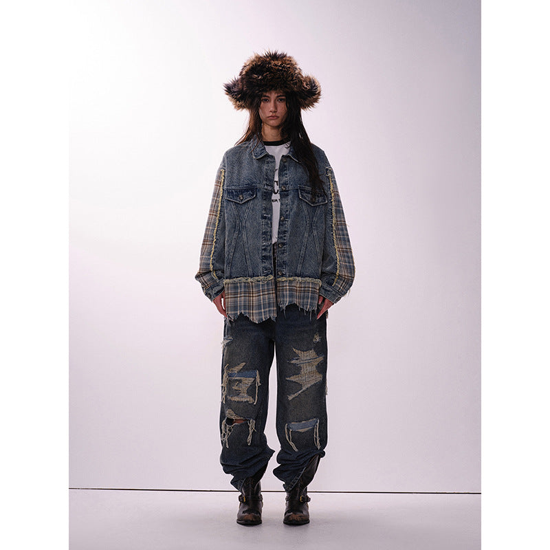 Retro Irregular Patchwork Stripes Raw Edge Denim Jacket - Robbe Digi.com