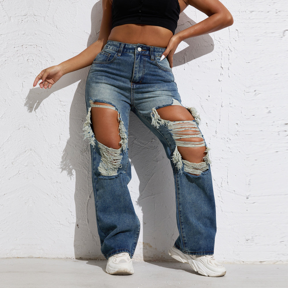 Shascullfites Melody Blue Wash Ripped Retro Stright Leg Jeans Women's Pants Denim Pants Jeans Wide Streetwear - Robbe Digi.com