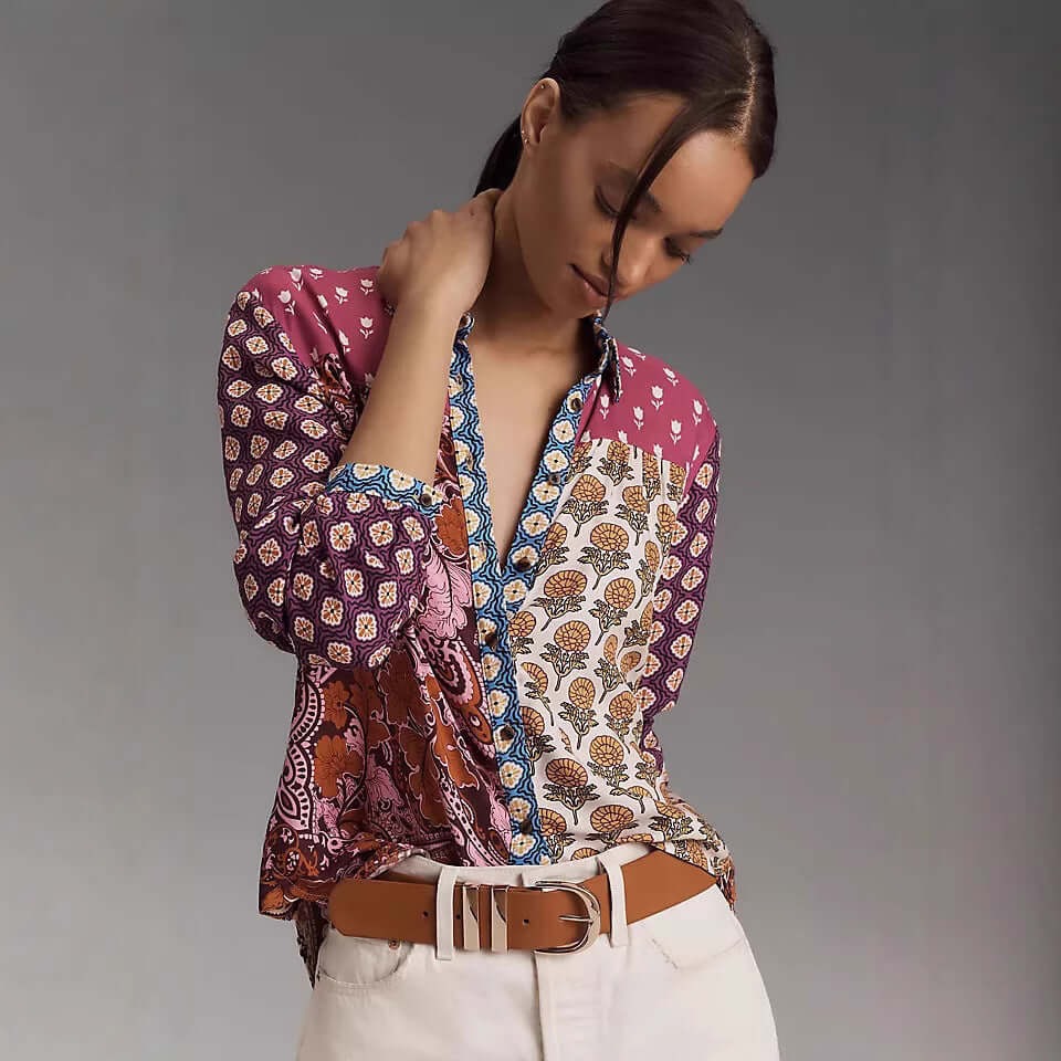 Print Lapel Long Sleeve Shirt Women's - Robbe Digi.com