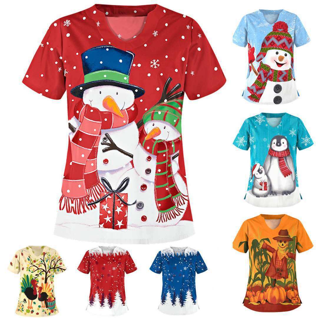 Christmas clothing printed shirt V-neck short-sleeved t-shirt women - Robbe Digi.com