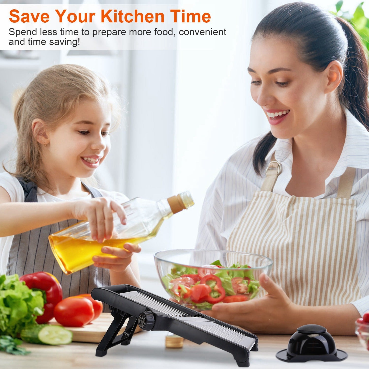 Stainless steel mandoline slicer with food holder for vegetables