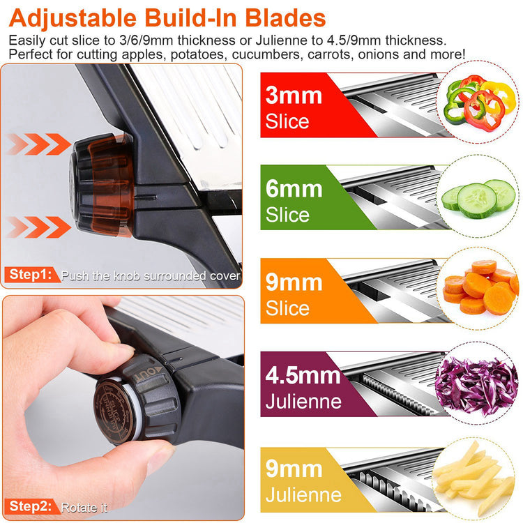 Stainless steel mandoline slicer with food holder for vegetables