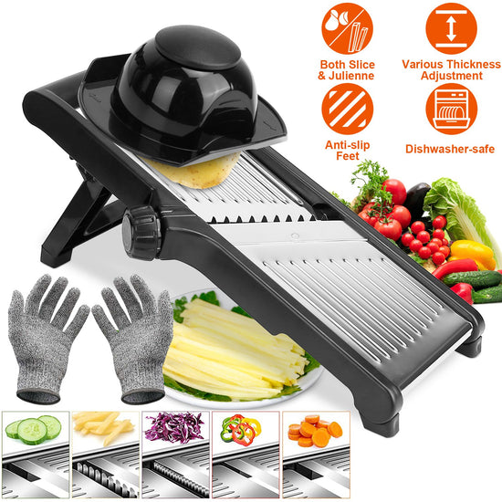 Stainless steel mandoline slicer with food holder for vegetables