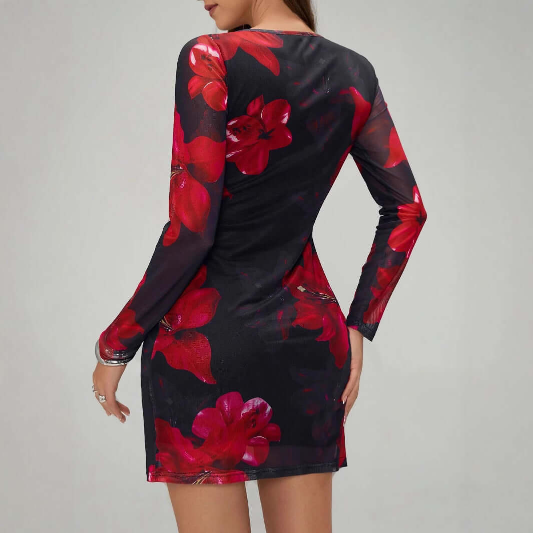 Floral Print Round Collar Gauze Slim Fit Long Sleeve Dress - Robbe Digi.com