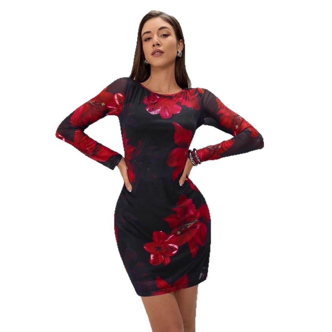Floral Print Round Collar Gauze Slim Fit Long Sleeve Dress - Robbe Digi.com