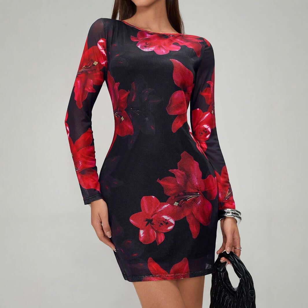 Floral Print Round Collar Gauze Slim Fit Long Sleeve Dress - Robbe Digi.com