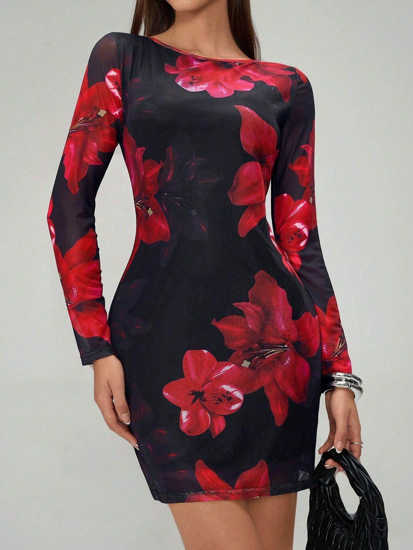 Floral Print Round Collar Gauze Slim Fit Long Sleeve Dress - Robbe Digi.com