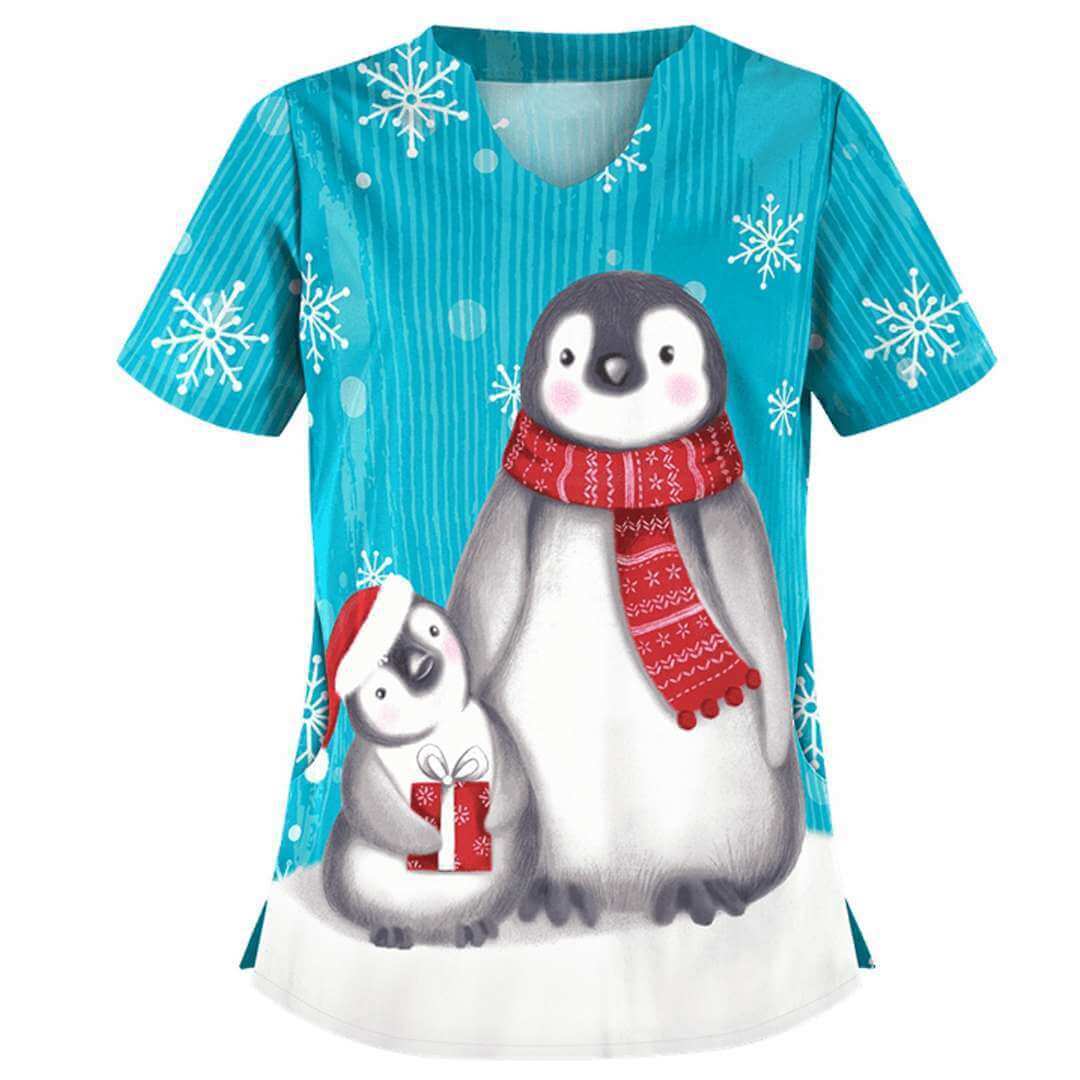 Christmas clothing printed shirt V-neck short-sleeved t-shirt women - Robbe Digi.com