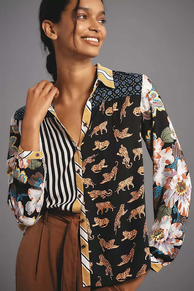 Print Lapel Long Sleeve Shirt Women's - Robbe Digi.com