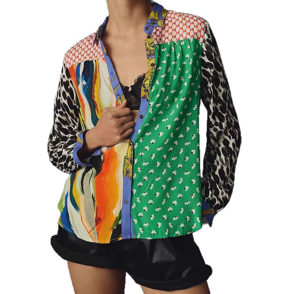 Print Lapel Long Sleeve Shirt Women's - Robbe Digi.com