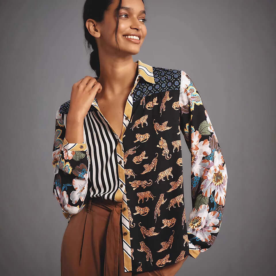 Print Lapel Long Sleeve Shirt Women's - Robbe Digi.com