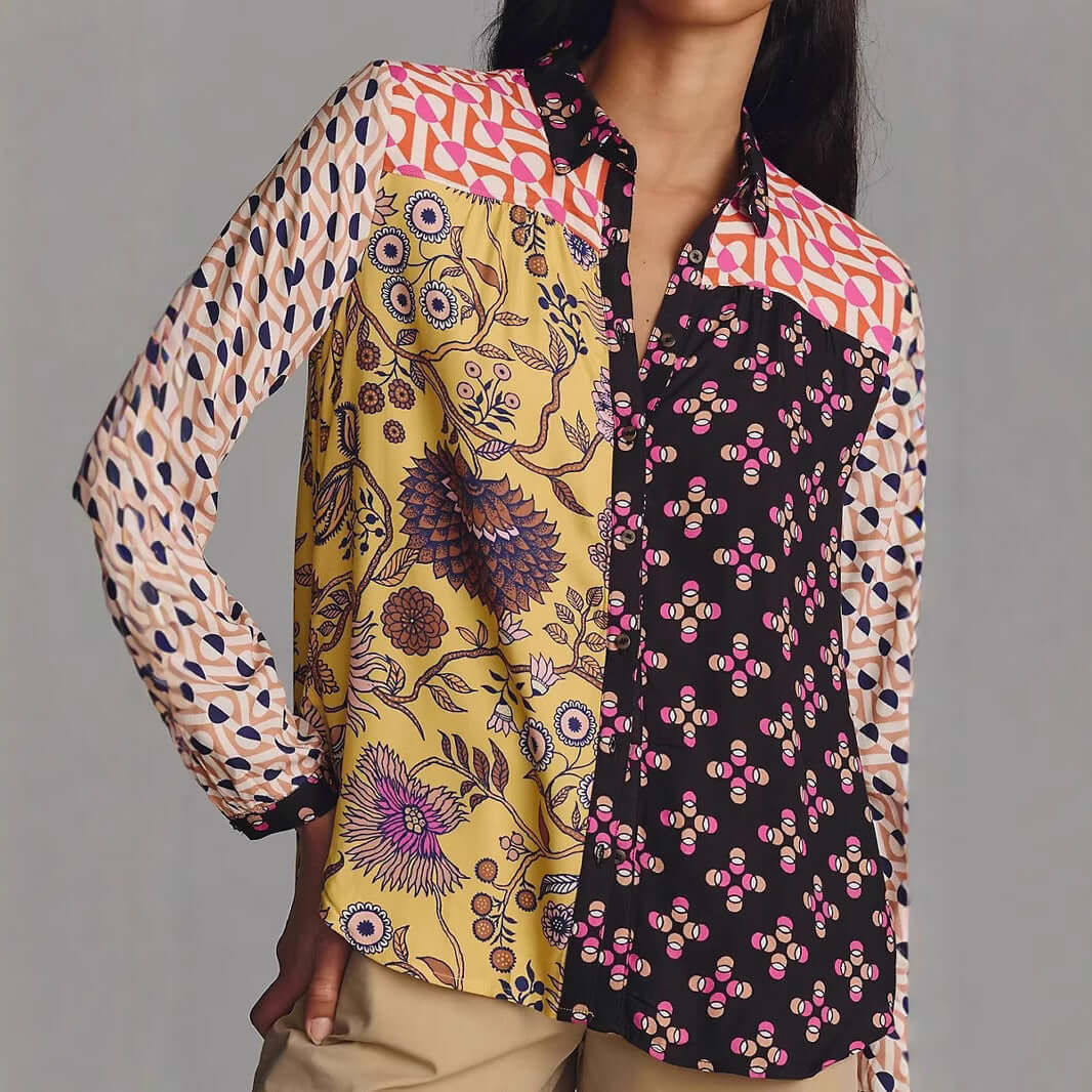 Print Lapel Long Sleeve Shirt Women's - Robbe Digi.com