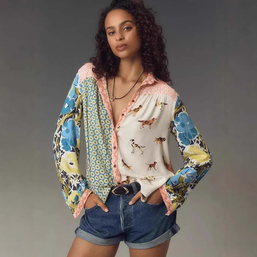 Print Lapel Long Sleeve Shirt Women's - Robbe Digi.com