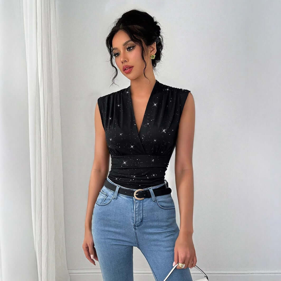 V-neck Shiny Sequined Sleeveless Top - Robbe Digi.com