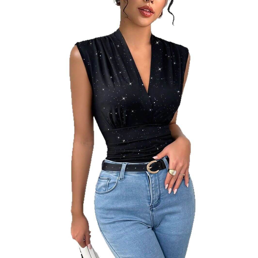 V-neck Shiny Sequined Sleeveless Top - Robbe Digi.com